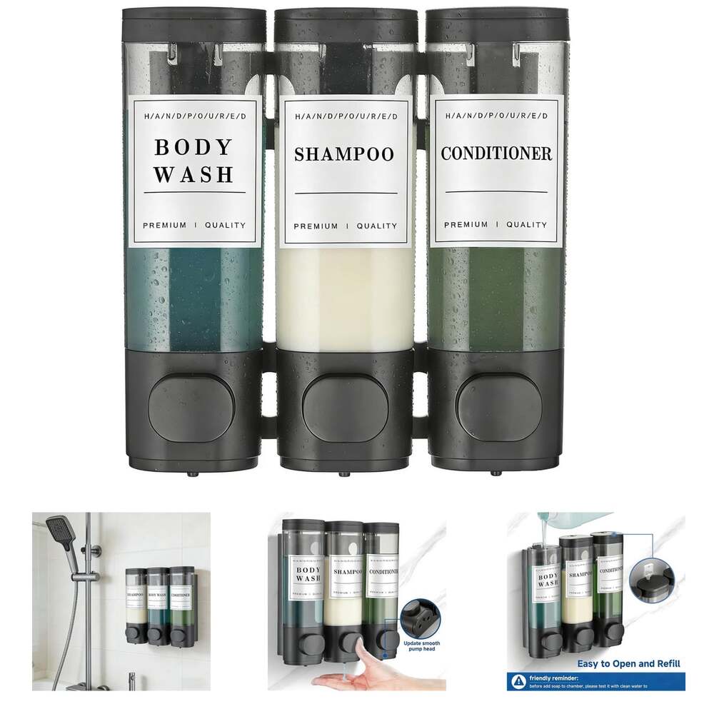 Shower Soap Dispenser Wall Mounted No Drill 2 Chamber 300Ml Black Bathroom Hotel
